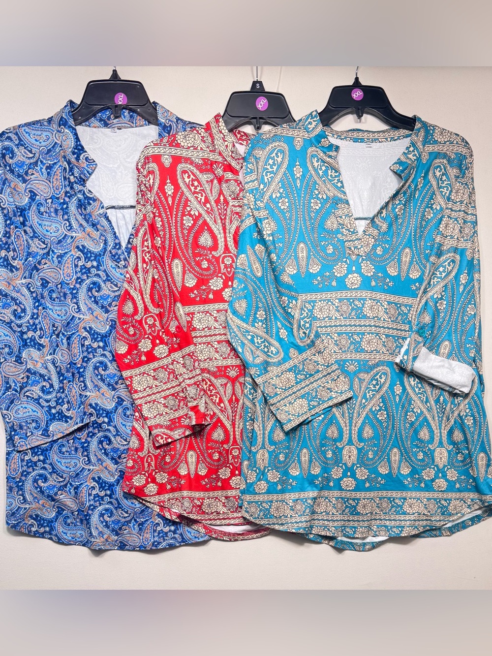 Set of 3  
Chama Plus Size Tunic Tops 3/4 Roll Sleeve Notch V Neck Blouses